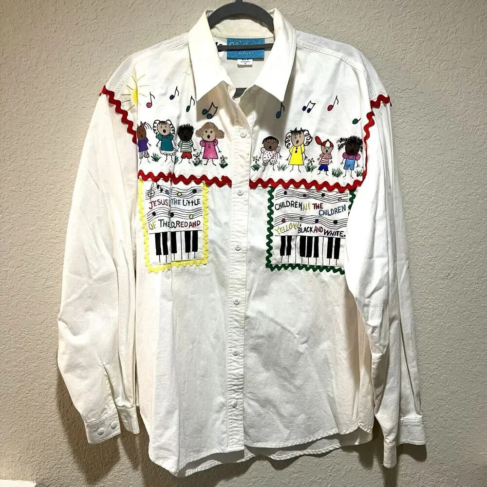Ol' Paint Hand Painted Sunday School Children Button Shirt Women's XL Cotton Fun